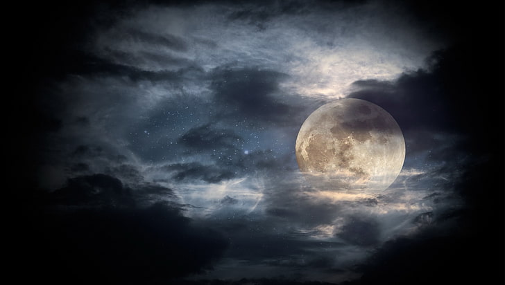 gray moon with clouds, night, moonlight, HD wallpaper