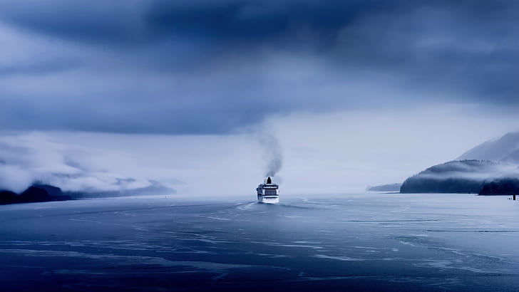 облака, Maersk, туман, горы, море, корабль, дым, снег, волны, HD обои