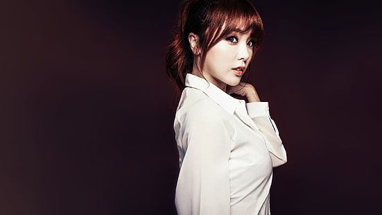 women's white dress shirt, Hong Jin Young, K-pop, women, Asian, Korean, model, simple background, portrait, HD wallpaper HD wallpaper