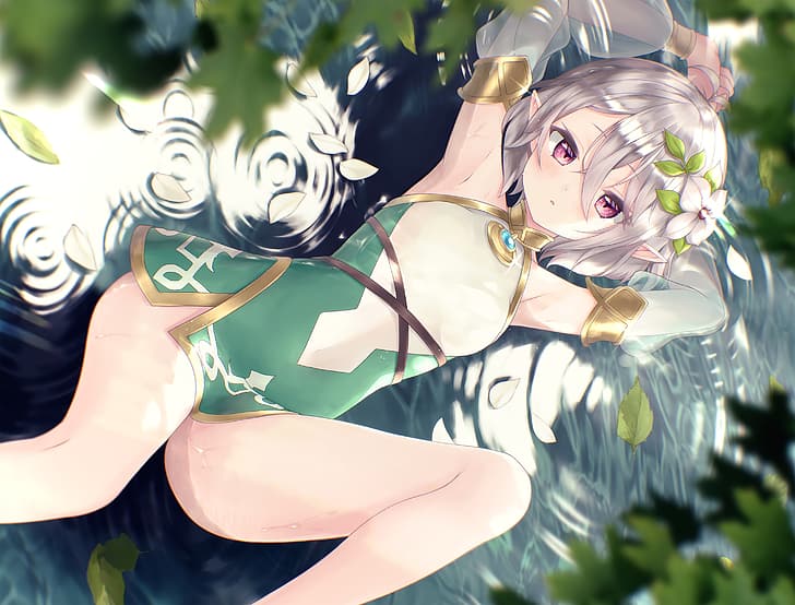 Kokkoro (Princess Connect), short hair, gray hair, pink eyes, thighs, wet, dress, flowers, leaves, pointed ears, HD wallpaper