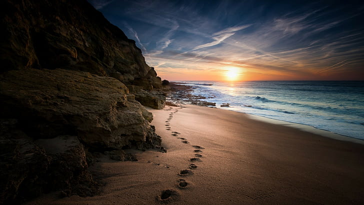 coast, sea, sand, footprints, clouds, cliff, landscape, horizon, nature, rock, Sun, HD wallpaper