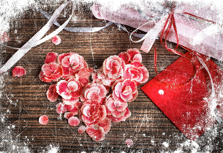 pink roses digital wallpaper, tape, box, heart, petals, scratches, vintage, HD wallpaper