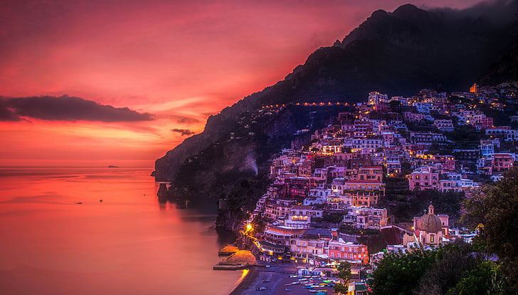 sea, mountains, night, lights, rocks, Italy, Positano, HD wallpaper