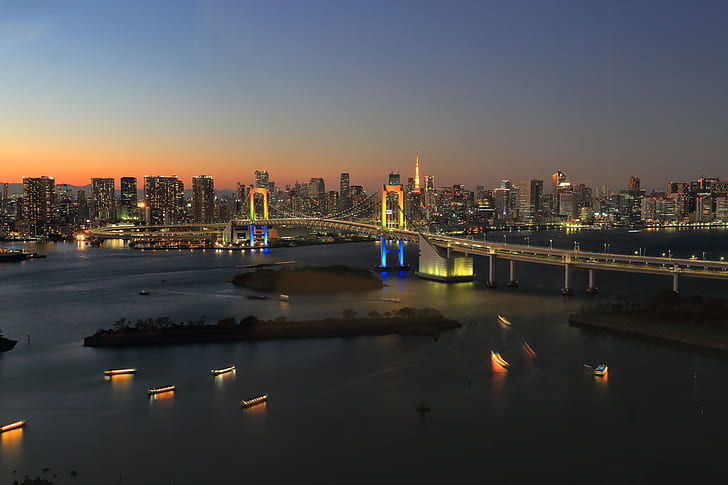 Tokyo, Japan, twilight, bridge, sunset, dusk, Rainbow Bridge, reflections, Odaiba, Rainbow Town, HD wallpaper