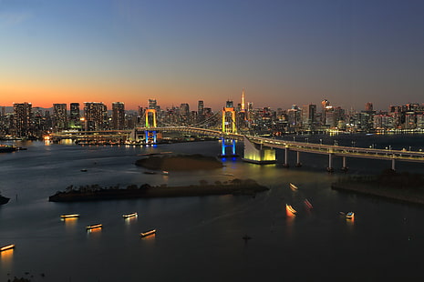 Tokyo, Giappone, crepuscolo, ponte, tramonto, crepuscolo, Rainbow Bridge, riflessioni, Odaiba, Rainbow Town, Sfondo HD HD wallpaper