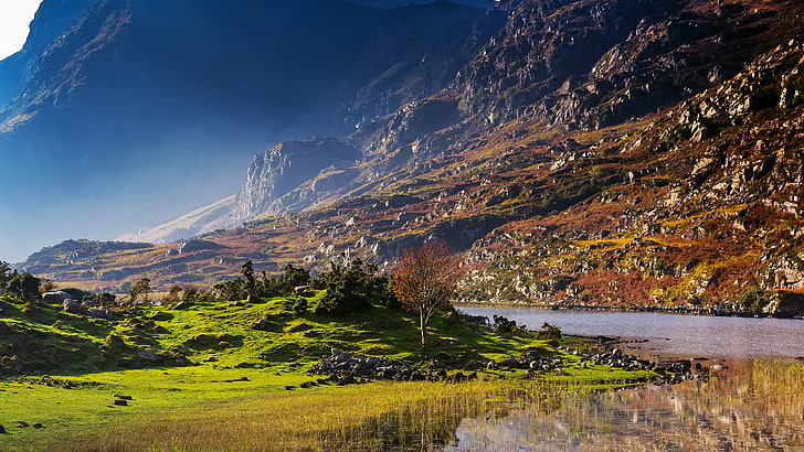 green grass filled mountains, mountains, landscape, water, river, HD wallpaper