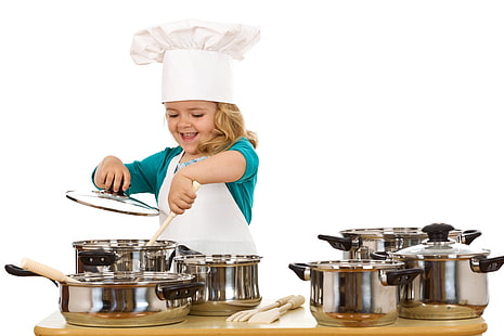 conjunto de utensilios de cocina de acero inoxidable, niña, cocinero, anfitriona, ollas, fondo blanco, Fondo de pantalla HD HD wallpaper