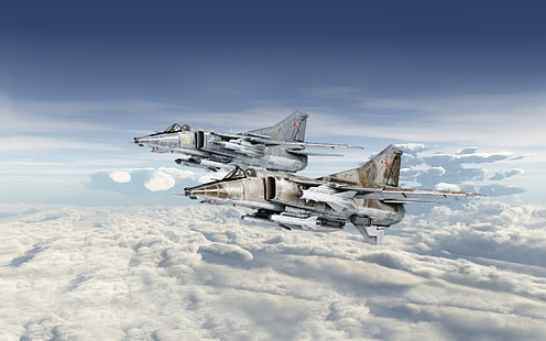 2つの灰色の戦闘機、飛行機、アートワーク、ミコヤンMiG-27、 HDデスクトップの壁紙 HD wallpaper
