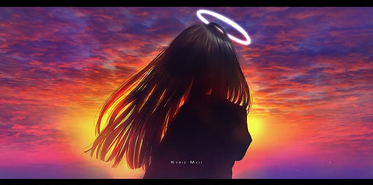 Anime Mädchen, Kyrie Meii, Sonnenuntergang, Abendrot, schwarze Haare, dunkle Haare, Kapuzen, grauer Hoodie, Einsamkeit, HD-Hintergrundbild