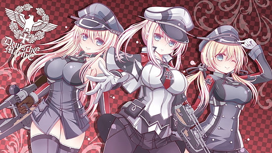 illustrazione di tre personaggi anime, anime, Collezione Kantai, Bismarck (KanColle), Graf Zeppelin (KanColle), Prinz Eugen (KanColle), Sfondo HD HD wallpaper