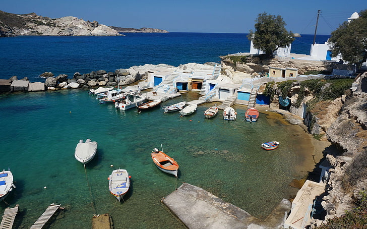 залив, синьо небе, рибарски къщи, риболовна лодка, Гърция, гръцки остров, празник, малка лодка, Милос, стара къща, море, слънце, традиционен, HD тапет