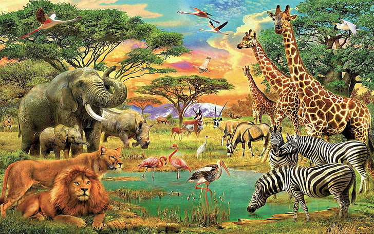 動物、芸術的です、アフリカ、アンテロープ、鳥、象、フラミンゴ、キリン、ライオン、池、ツリー、シマウマ、 HDデスクトップの壁紙