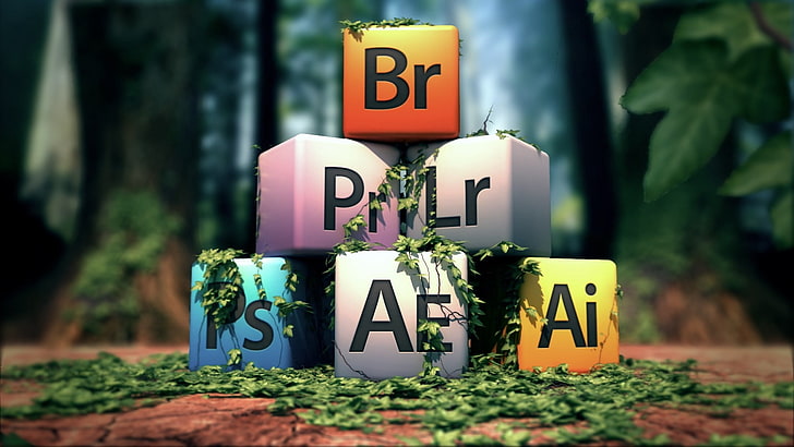 Adobe приложение логотип кубики цифрового искусства, куб, кости, буквы, трава, HD обои