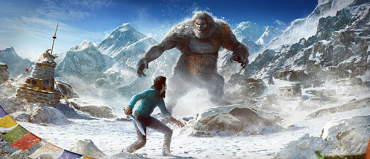 male game character illustration, The sky, Clouds, Mountains, Look, Snow, Fur, Weapons, Ubisoft, DLC, Far Cry 4, Kyrat, Ajay Gail, Bigfoot, Yeti, Far Cry 4: Valley of the Yetis, HD wallpaper