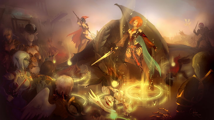 Ilustración de personaje femenino, armas, personas, niñas, dragón, elfo, el juego, espada, armadura, guerrero, rojo, fantasía, manto, linaje, runa, Fondo de pantalla HD