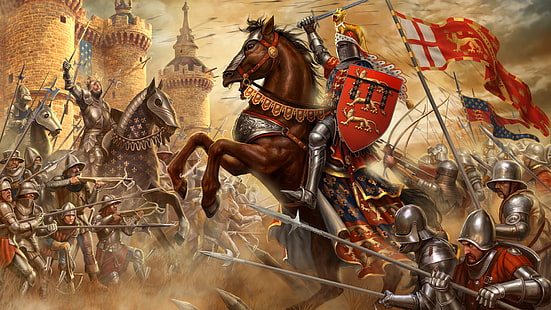illustrazione di cavalieri grigi, fortezza, guerrieri, cavalieri, la battaglia di Crecy, i francesi, la guerra dei cento anni, gli inglesi, Sfondo HD HD wallpaper
