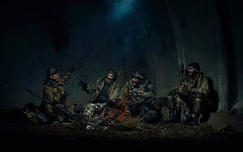 quatre hommes en train de peindre, hommes, harceleurs, feu de camp, Fond d'écran HD HD wallpaper