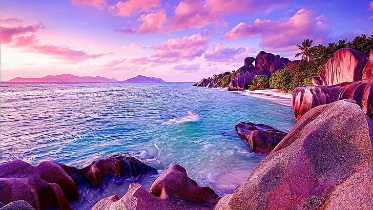 nature, sky, sea, purple, shore, coast, rock, ocean, la digue, seychelles, beach, water, tourism, rock ormation, HD wallpaper