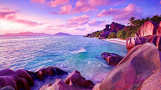 природа, небе, море, лилаво, бряг, крайбрежие, скала, океан, La Digue, Сейшелски острови, плаж, вода, туризъм, скална формация, HD тапет HD wallpaper