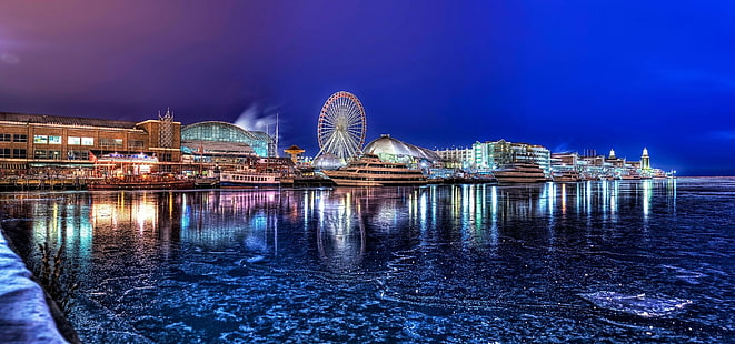 Stadtbild, Nacht, See, Chicago, Pier, HD-Hintergrundbild HD wallpaper