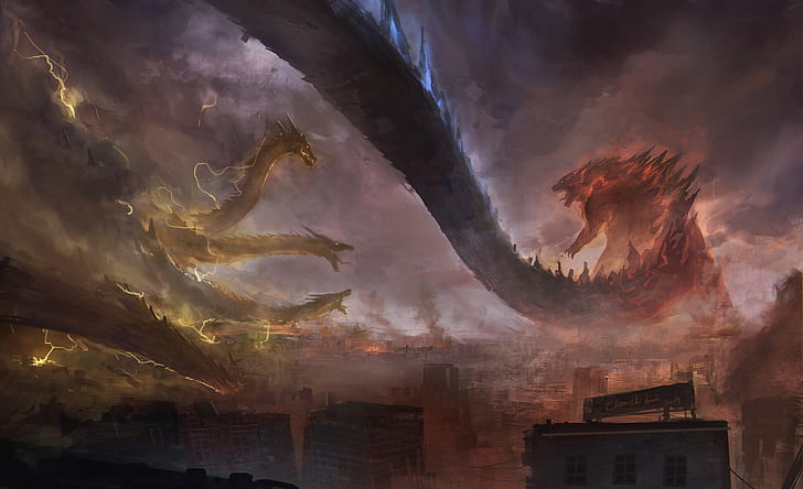 Godzilla, re Ghidorah, arte digitale, kaiju, creatura, Chi Huei Chen, Sfondo HD