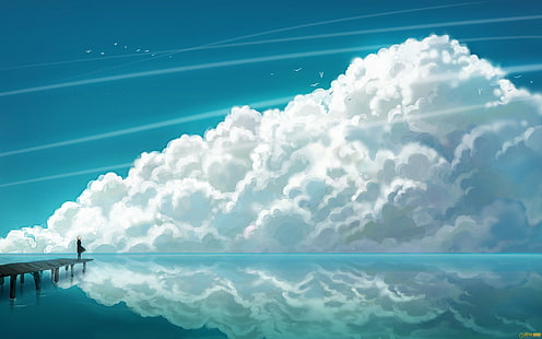 雲、空の背景、橋、人々、反射、海、 HDデスクトップの壁紙 HD wallpaper