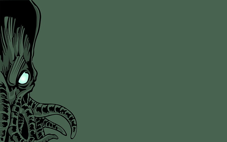 wallpaper gurita hitam dan hijau, Cthulhu, minimalis, latar belakang sederhana, makhluk, kengerian, H. P. Lovecraft, Wallpaper HD