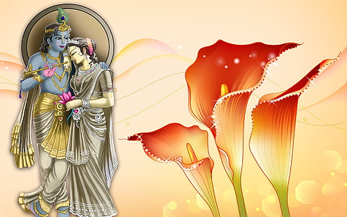 Lord Radha Krishna And Flowers-, Krishna- und Radha- und rote Callalilienvektorkunst, Gott, Lord Krishna, Blume, Radha, Hintergrund, HD-Hintergrundbild HD wallpaper