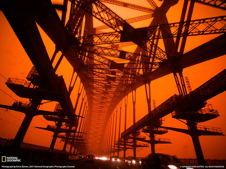 cadre en métal noir et brun, National Geographic, pont, trafic, Sydney, poussière, tempête, Fond d'écran HD
