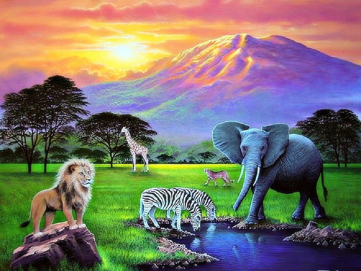 ? ธรรมชาติและสัตว์ป่าใกล้สูญพันธุ์?, สร้างสรรค์ก่อน - สร้าง, ภาพสะท้อน, ทิวทัศน์, ภูเขา, ภาพวาด, หญ้า, ต้นไม้, ช้าง, สิงโต, สัตว์ต่างๆ, วอลล์เปเปอร์ HD