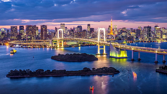 جسر معلق أبيض، طوكيو، اليابان، مدينة، جسر، خلفية HD HD wallpaper