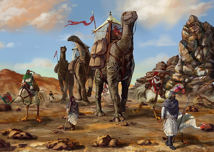 dinosaurs painting, desert, caravan, dinosaurs, bedouins, HD wallpaper