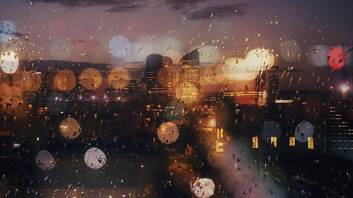 도시에 비가, 물 방울, 유리에 물, HD 배경 화면