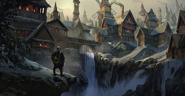ilustracja człowiek na klifie, plakat z brązowymi budynkami, sztuka fantasy, grafika, miasto fantasy, pejzaż miejski, miasto fantazji, Tapety HD HD wallpaper