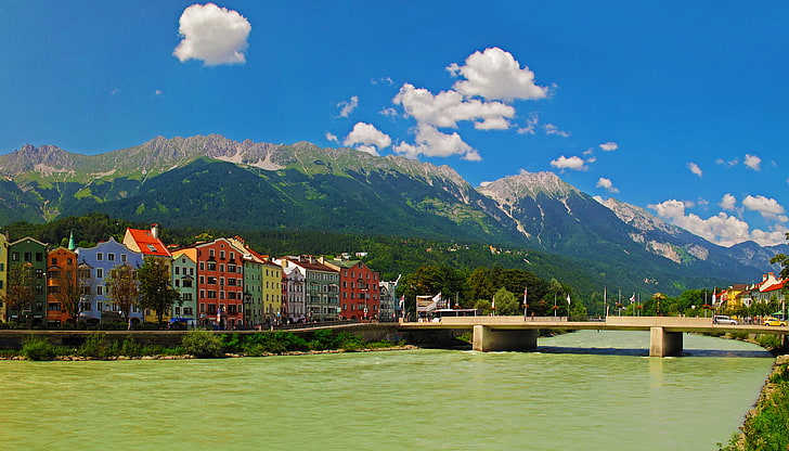 the sky, mountains, bridge, the city, river, photo, home, Austria, Innsbruck, HD wallpaper