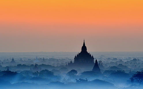 природа, пейзаж, Баган, храм, туман, синий, деревья, янтарь, небо, буддизм, Мьянма, HD обои HD wallpaper