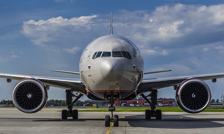 白い旅客機、翼、タービン、空港、ボーイング、飛行機、アエロフロート、乗客、B-777、3M0、 HDデスクトップの壁紙