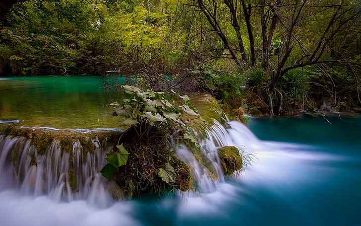 природа, пейзаж, водопад, дълго изложение, гора, езерце, храсти, тюркоаз, дървета, Национален парк Плитвички, Хърватия, HD тапет