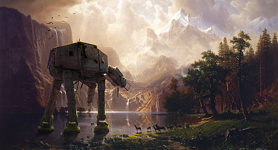 Star Wars AT-AT, foresta, montagne, lago, guerre stellari, camminatore imperiale, Sfondo HD HD wallpaper