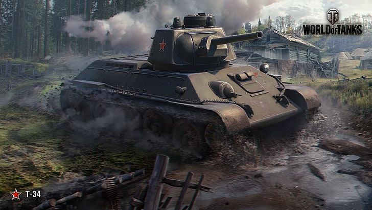 Capture d'écran du jeu vidéo World of Tanks, World of Tanks, wargaming, T-34, char, boue, forêt, villages, jeux vidéo, Fond d'écran HD
