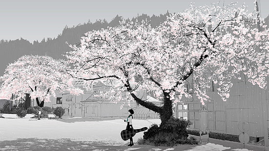 personaje de anime femenino, flor de cerezo, chicas de anime, anime, ilustraciones, monocromo, mujeres, guitarra, rosa, azul, Fondo de pantalla HD HD wallpaper