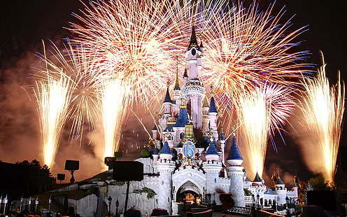 Disneyland Paris fireworks, disney castle, photography, 1920x1200, castle, disney, disneyland, disneyland paris, HD wallpaper HD wallpaper