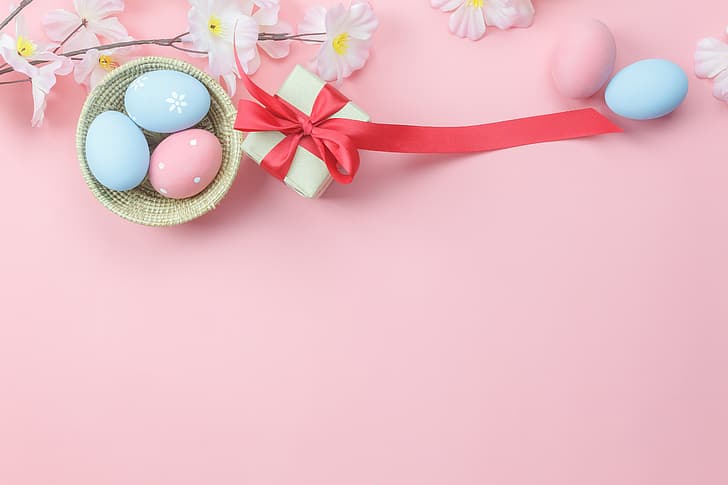 flowers, background, pink, gift, eggs, spring, Easter, wood, blossom, decoration, Happy, tender, HD wallpaper