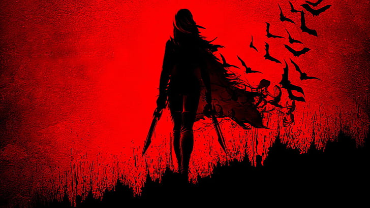 Dark Legends Red Bats Warrior HD, mujer en capa negra con 2 dagas impresas, videojuegos, rojo, oscuro, guerrero, leyendas, murciélagos, Fondo de pantalla HD