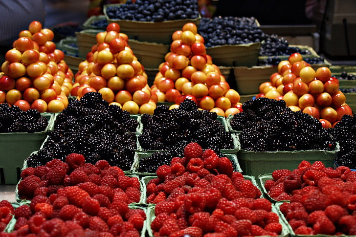 fruit lot, raspberries, cherries, black berries, market, HD wallpaper