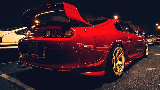 czerwona Toyota Supra MK4, nocna, czerwona, maszyna, Toyota, samochód, parking, napędy, supra, zestaw, koła, spoiler, Tapety HD HD wallpaper