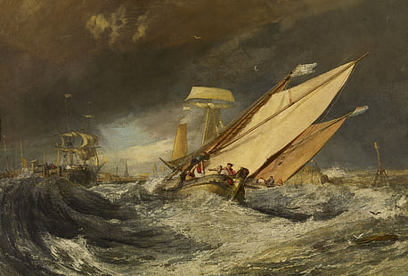korsan gemisi boyama, deniz, dalga, fırtına, insanlar, gemi, resim, yelken, deniz manzarası, William Turner, balıkçı tekneleri Calais limanına girin, HD masaüstü duvar kağıdı HD wallpaper