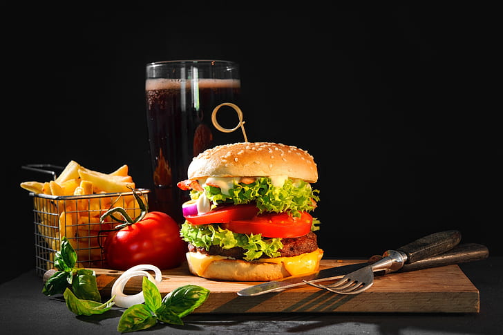 food, burgers, fork, knife, Fries, tomatoes, meat, animals, death, cow, flesh, cutting board, onion, lettuce, basil, glass, French fries, cheese, Bun, soda, Onions, knife and fork, HD wallpaper