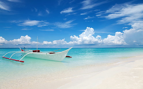 barco branco, natureza, paisagem, barco, praia, mar, nuvens, areia, céu, Tailândia, verão, branco, azul, turquesa, água, HD papel de parede HD wallpaper