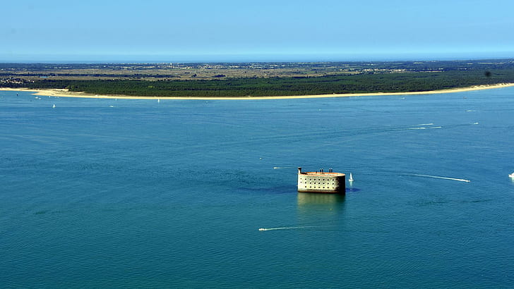 abandoned, Aerial View, architecture, Coast, forest, fort, Fort Boyard, Fortress, France, island, sea, ship, HD wallpaper